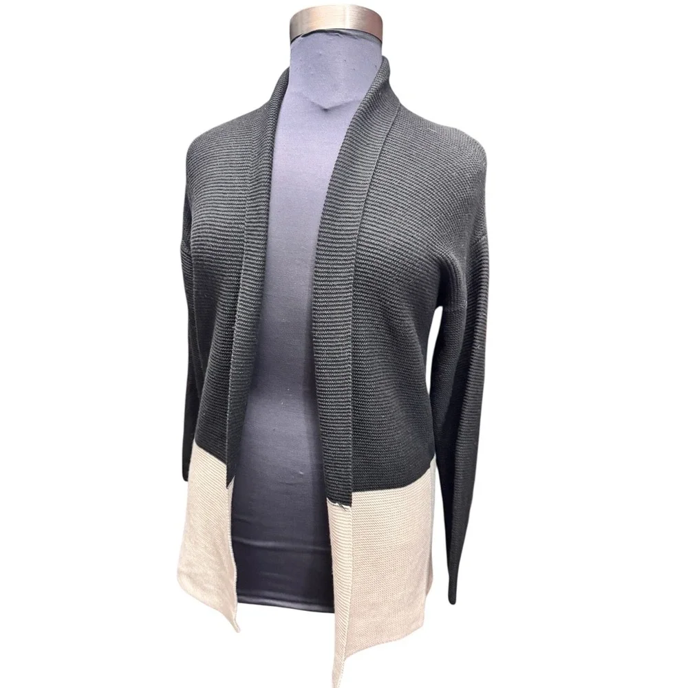 KERISMA Colorblock Open Front Cardigan Sweater Black Beige S/M minimalist‎ basic